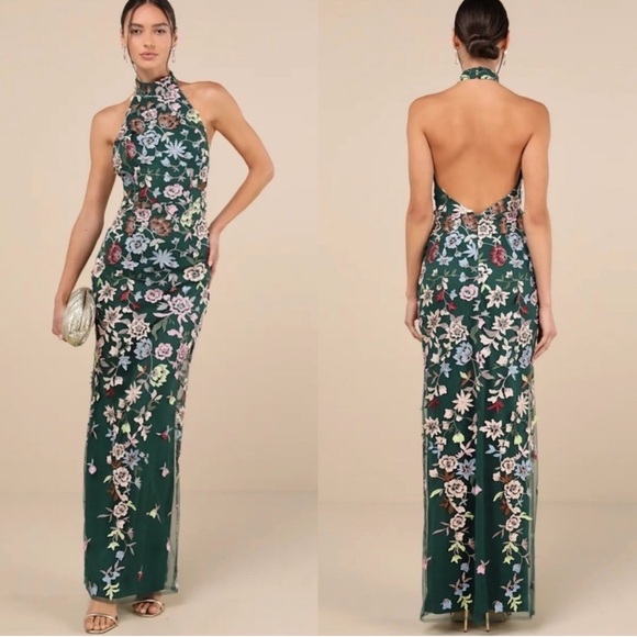Lulus Dresses & Skirts - Lulus Infinite Praise Emerald 3D Floral Embroidered Halter Maxi Dress Wedding